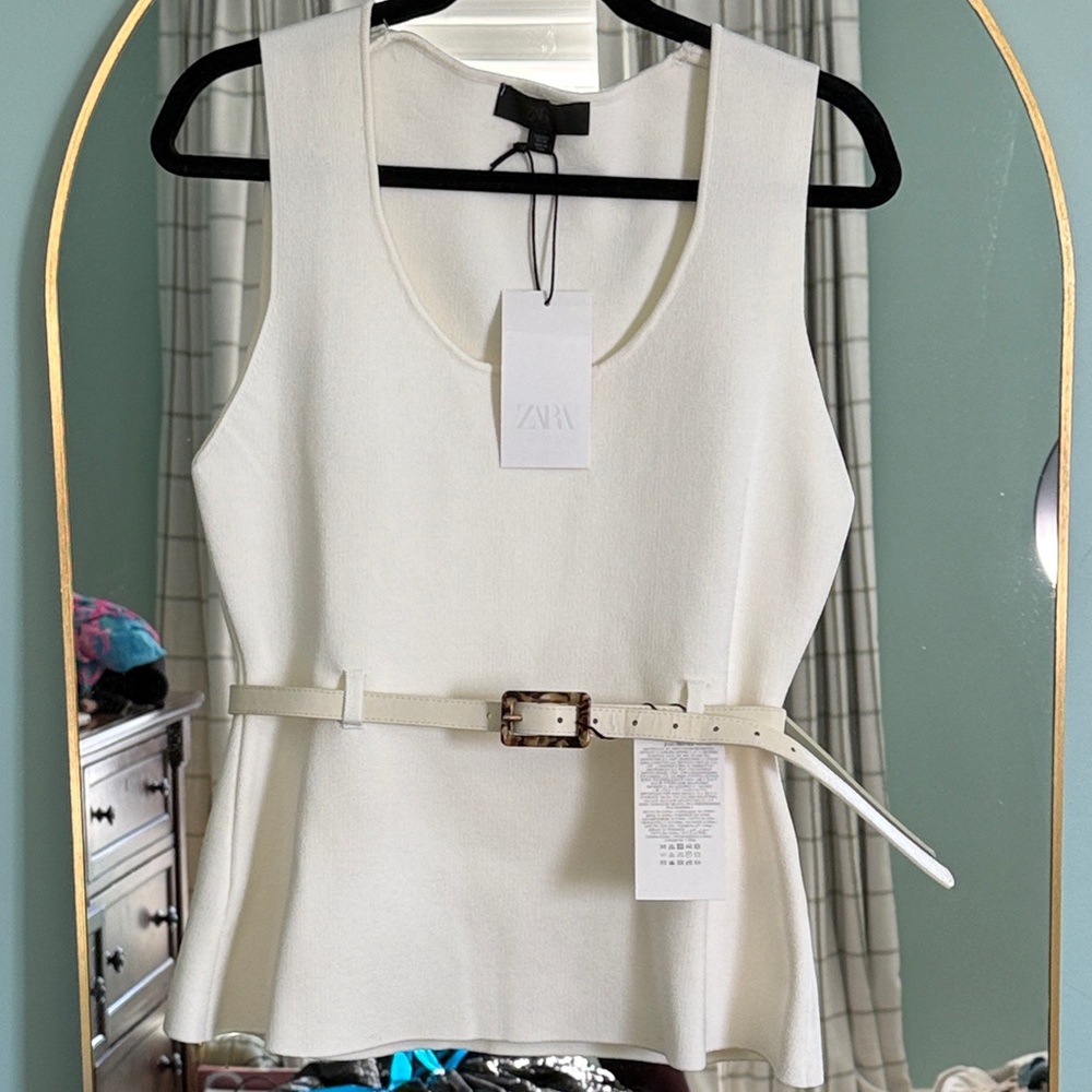 Zara Ivory Sleeveless Sweater Vest with Belt